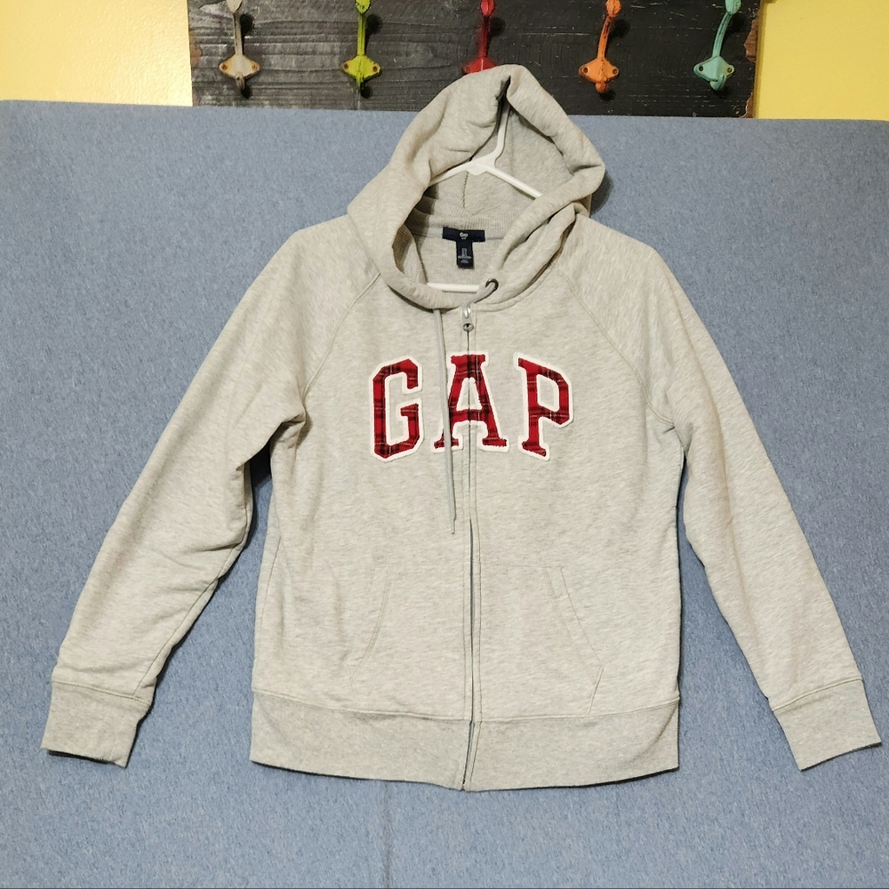 GAP gray red plaid embroidered logo full zip thermal lined hoodie. Size large
